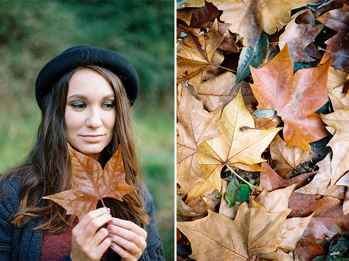 Beautiful portrait of a girl with autumn leaves | Collserola Wedding Anniversary Photoshoot | Lena Karelova Barcelona Film Photography