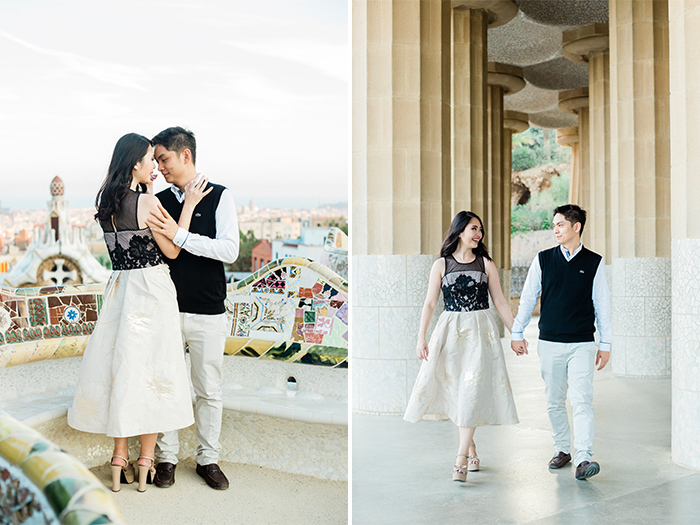 Beautiful couple at the Park Guell with amazing view to Barcelona | Barcelona Engagement Photography | Wedding Photographer Barcelona | Top 5 places for engagement in Barcelona