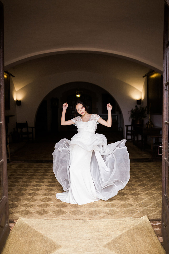 asian bride wearing jose maria peiro wedding gown | wedding inspiration masia egara barcelona | destination wedding photographer | film wedding photographer