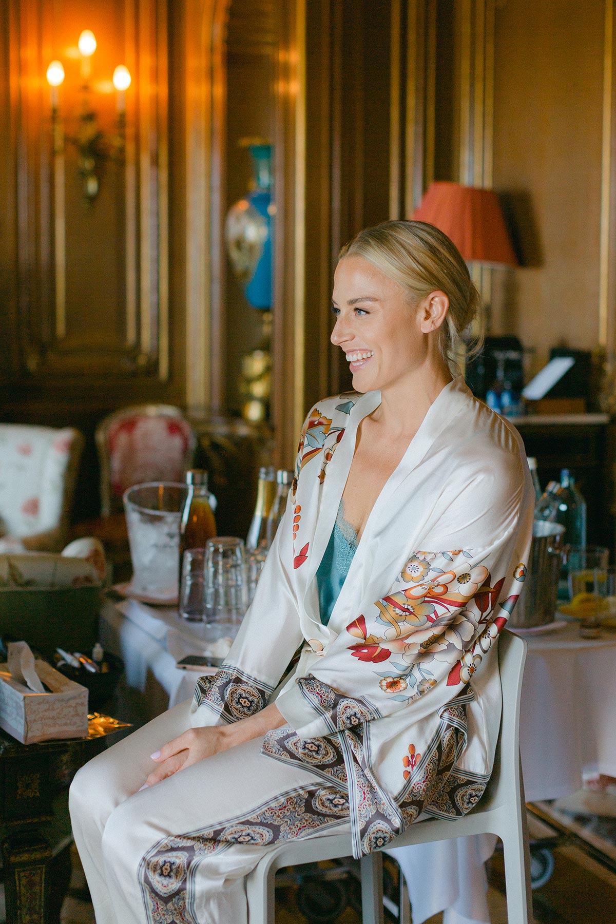 Smiling bride getting ready at a mediterranean wedding at luxury hotel in Spain