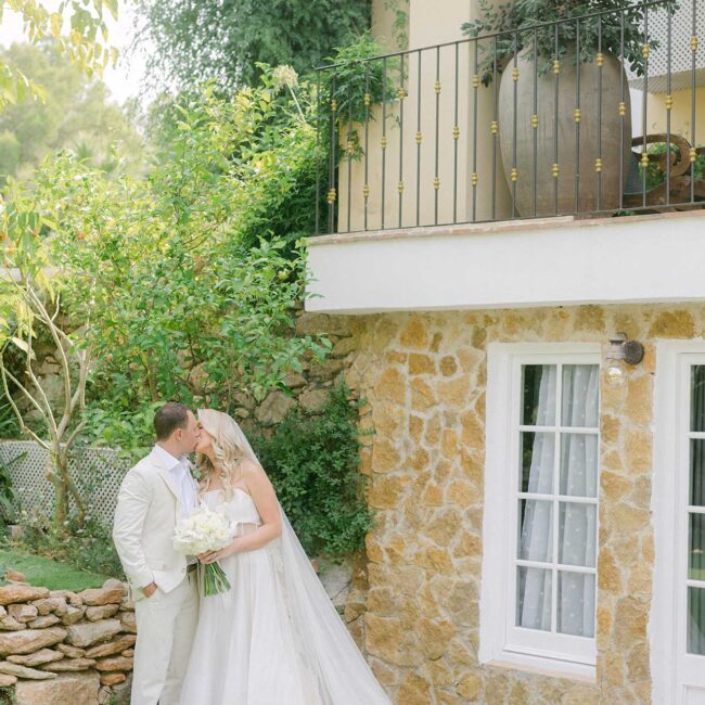 Bride and groom portrait at a Mediterranean villa wedding in Barcelona, Spain.