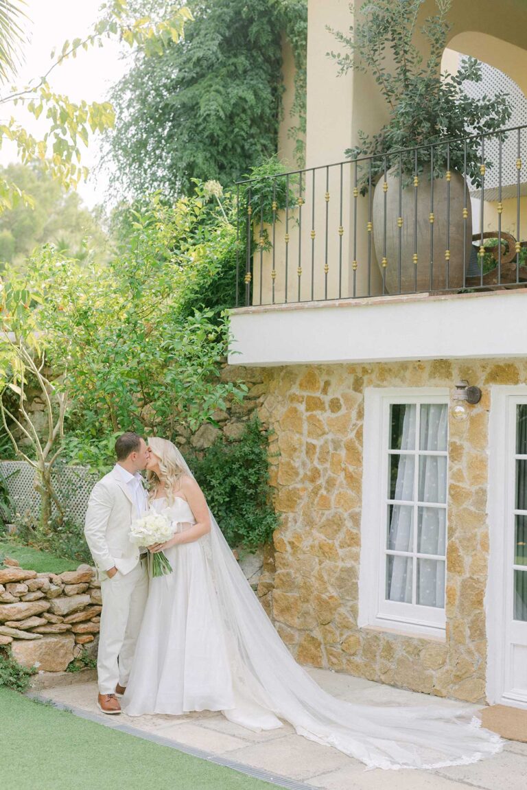 Bride and groom portrait at a Mediterranean villa wedding in Barcelona, Spain.
