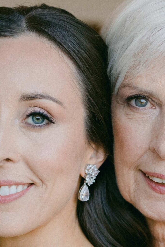 Close-up portrait of the bride and her mother during wedding preparations at Hostal La Gavina