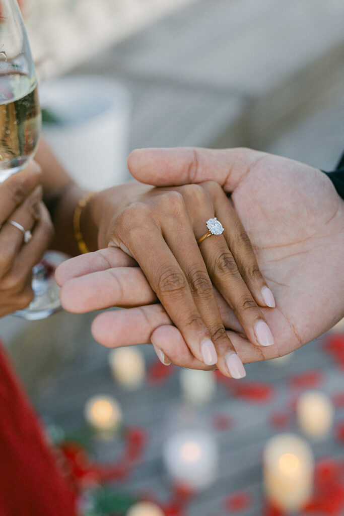 Engagement ring photographed during a surprise proposal in Barcelona