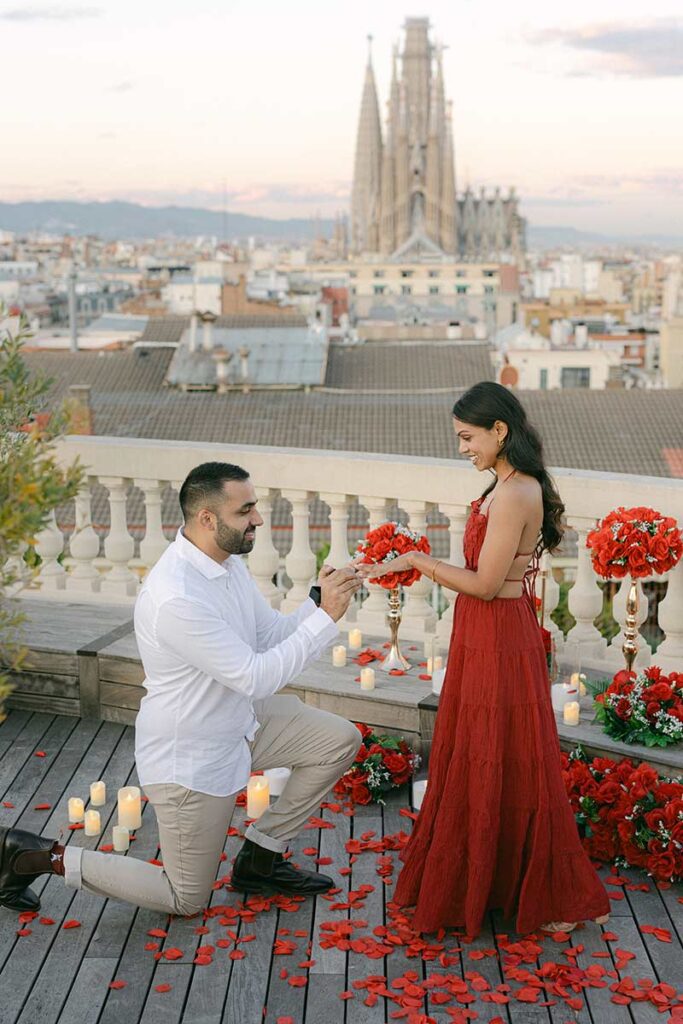 Surprise proposal in Barcelona on a private rooftop terrace with Sagrada Família views
