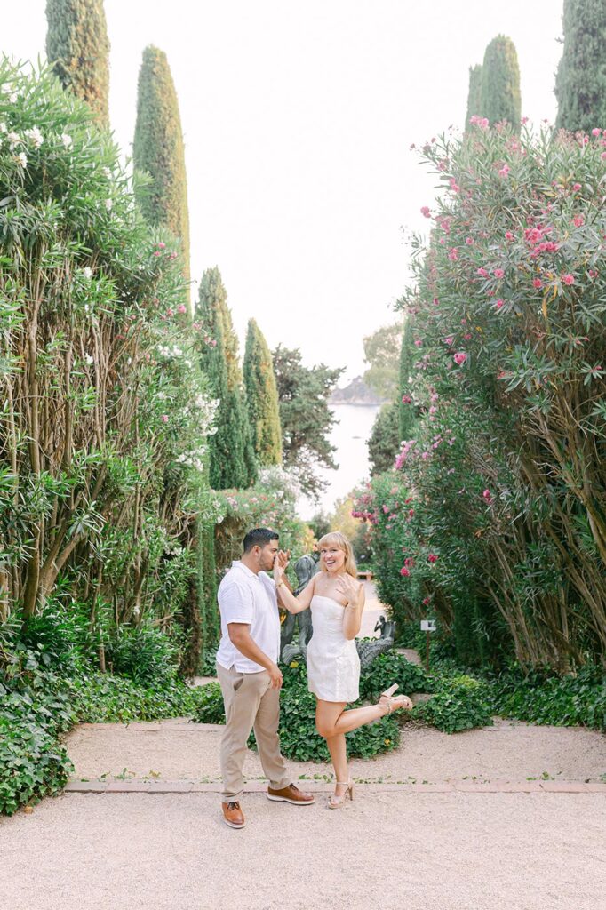 Just engaged couple celebrating surprise proposal on the Costa Brava. Best locations for surprise proposal or engagement sessions by Lena Karelova Photography