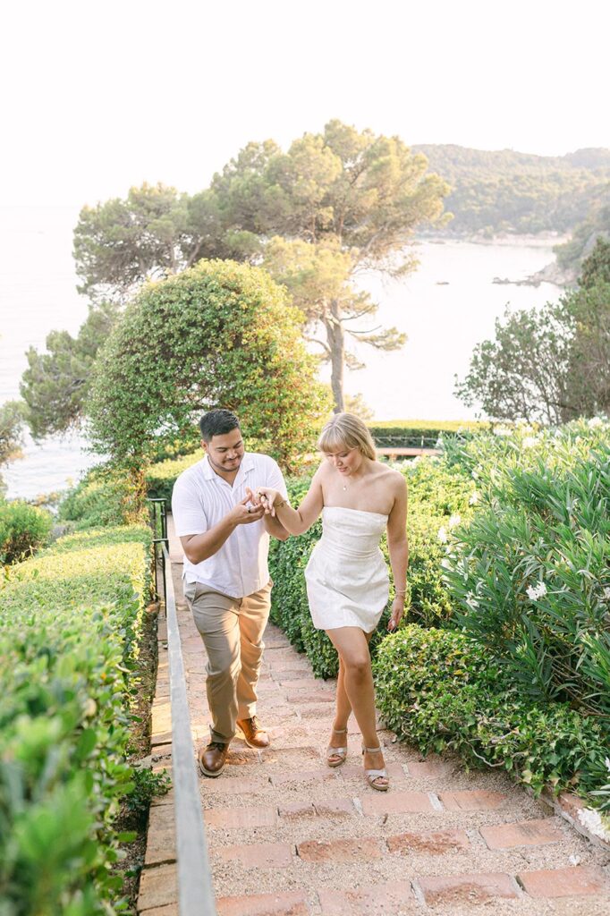 Couple at the garden Santa Clotilde after surprise proposal on the Costa Brava
