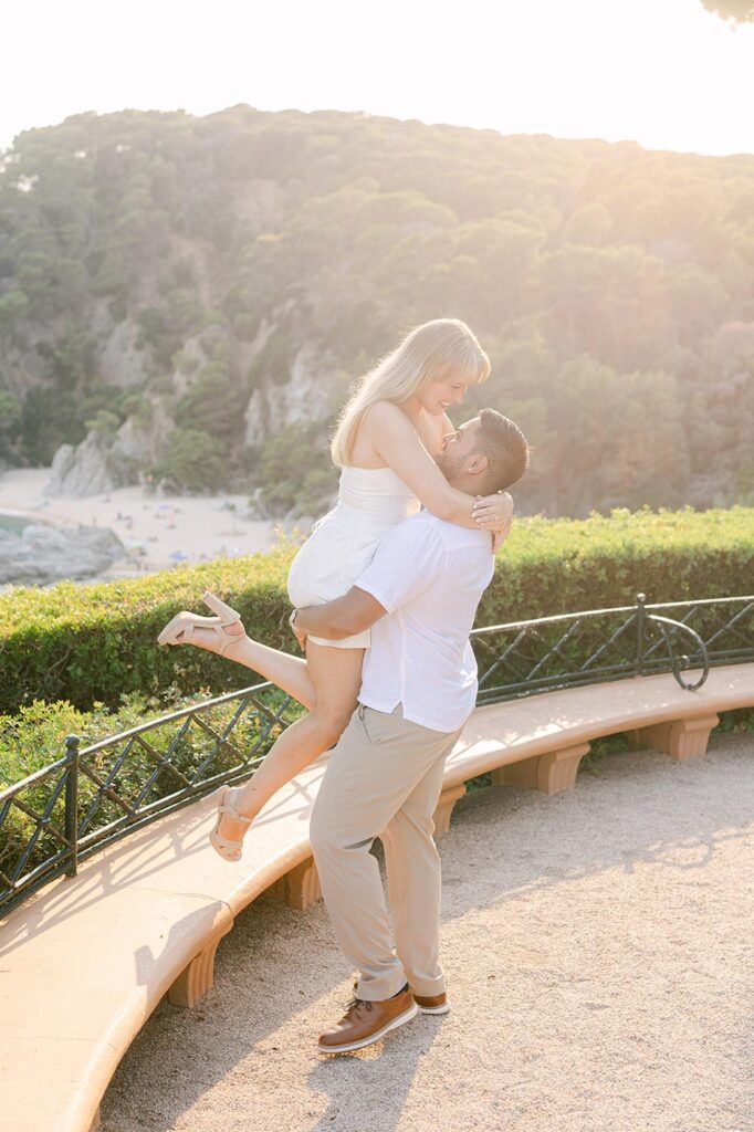 Happy couple after surprise proposal on the Costa Brava. Santa Clotilde Gardena best locations for proposals in Spain